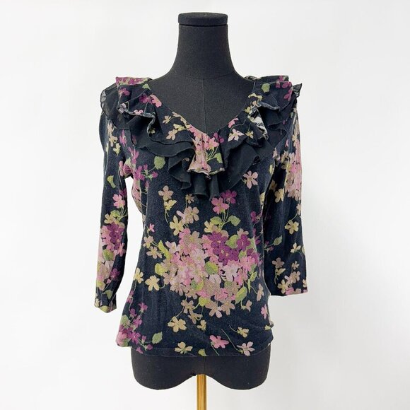RALPH LAUREN Tops - RALPH LAUREN RUFFLE TOP BLACK AND FLROAL PRINT